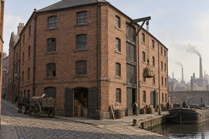 Warehouses & Depots, c. 1894; AI-generated historical interpretation set in Britain.