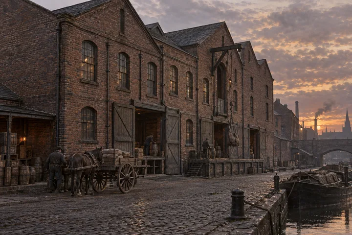 Warehouses & Depots, c. 1888; AI-generated historical interpretation set in Britain.
