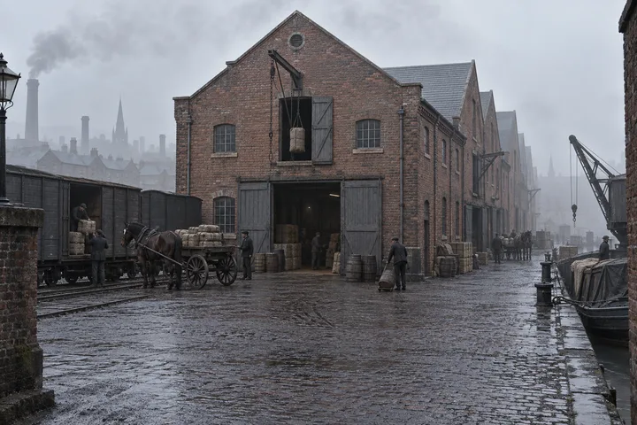 Warehouses & Depots, c. 1883; AI-generated historical interpretation set in Britain.