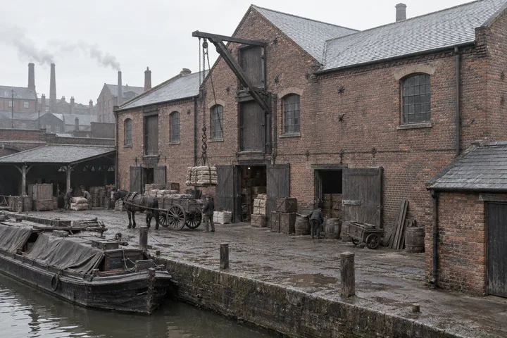 Warehouses & Depots, c. 1905; AI-generated historical interpretation set in Britain.