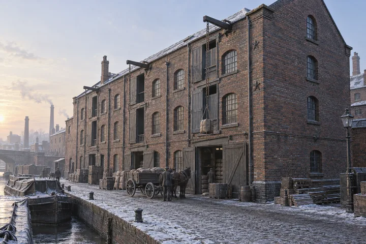 Warehouses & Depots, c. 1905; AI-generated historical interpretation set in Britain.