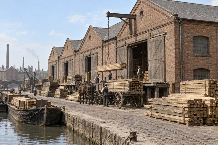 Warehouses & Depots, c. 1906; AI-generated historical interpretation set in Britain.