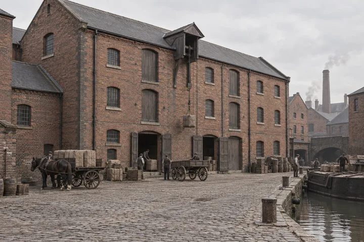 Warehouses & Depots, c. 1884; AI-generated historical interpretation set in Britain.