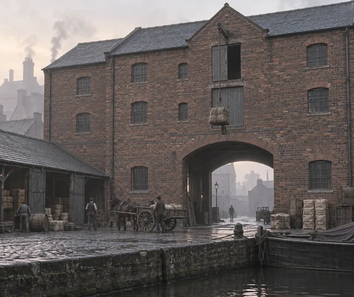 Warehouses & Depots, c. 1883; AI-generated historical interpretation set in Britain.