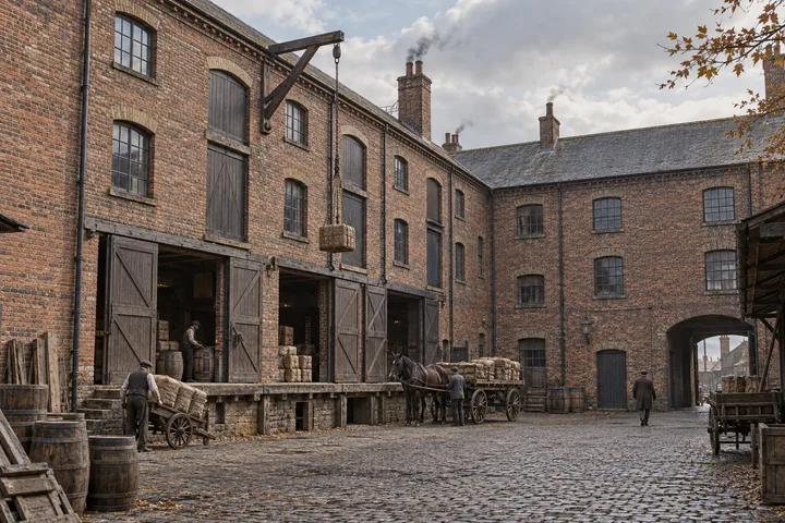 Warehouses, c. 1908; AI-generated historical interpretation set in Britain.