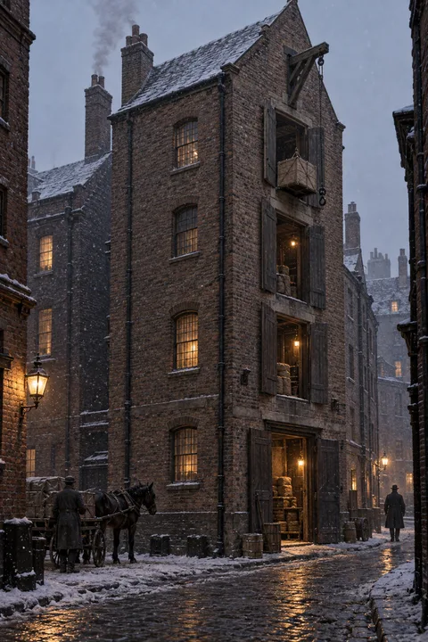 Warehouses, c. 1883; AI-generated historical interpretation set in Britain.