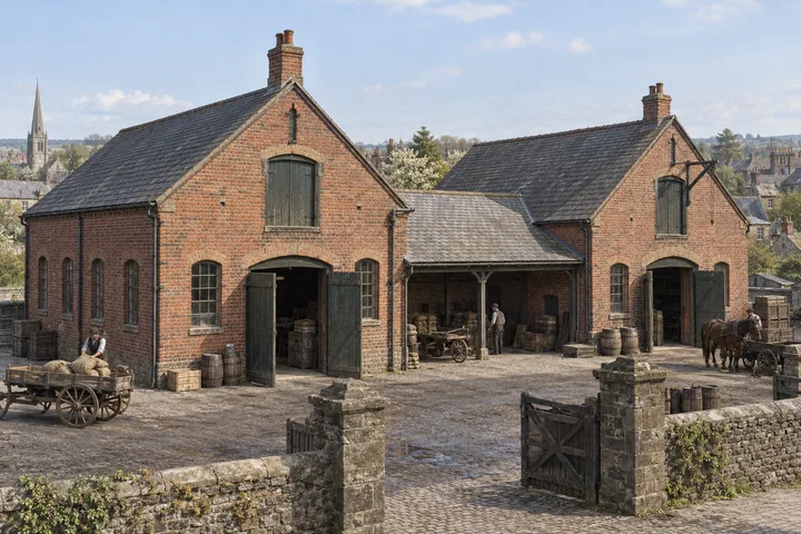 Warehouses, c. 1898; AI-generated historical interpretation set in Britain.