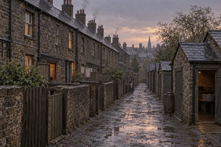 Workers Cottages, c. 1901; AI-generated historical interpretation set in Britain.