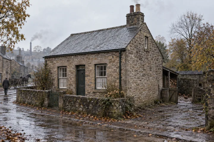 Workers Cottages, c. 1881; AI-generated historical interpretation set in Britain.