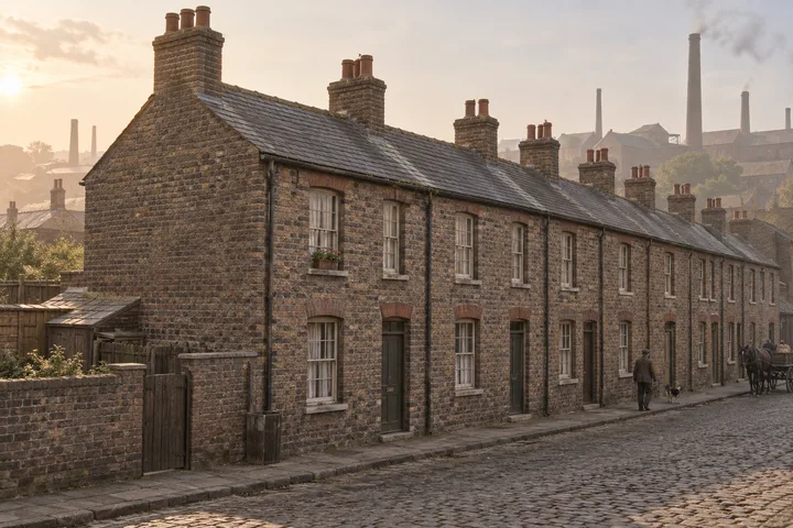 Workers Cottages, c. 1884; AI-generated historical interpretation set in Britain.