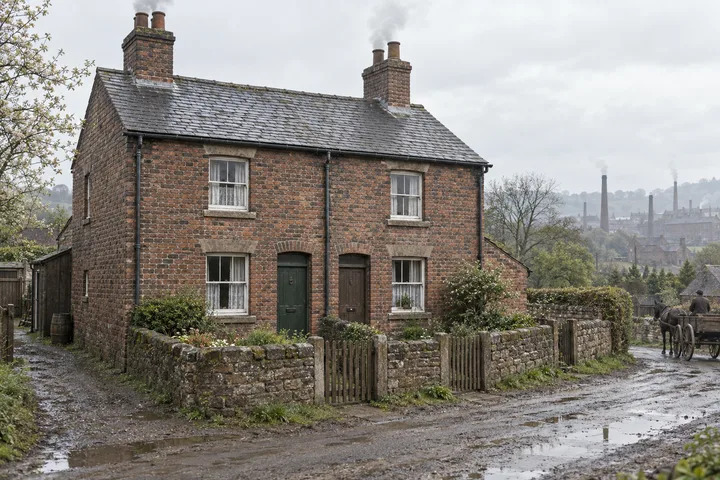 Workers Cottages, c. 1882; AI-generated historical interpretation set in Britain.