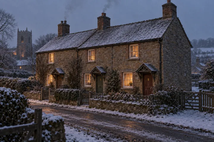 Workers Cottages, c. 1910; AI-generated historical interpretation set in Britain.