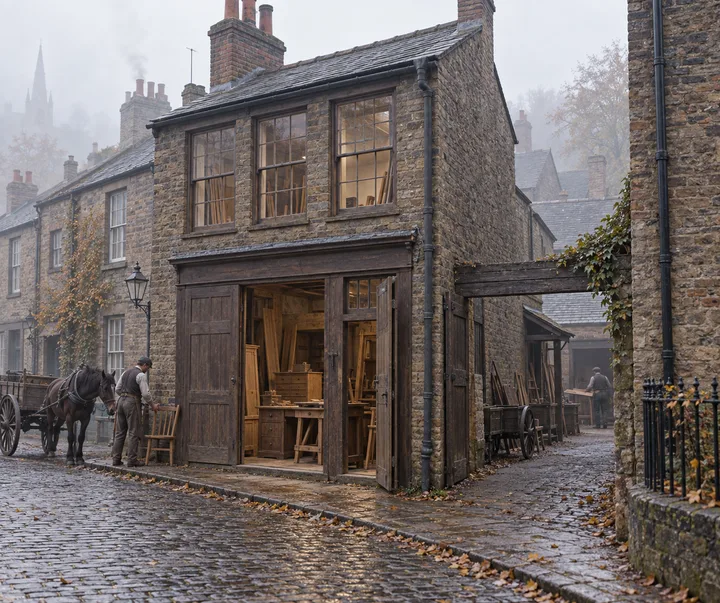 Workshops, c. 1907; AI-generated historical interpretation set in Britain.