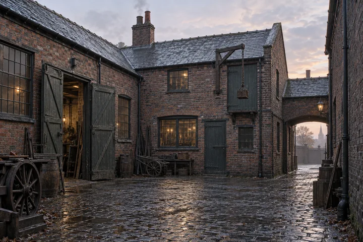 Workshops, c. 1909; AI-generated historical interpretation set in Britain.