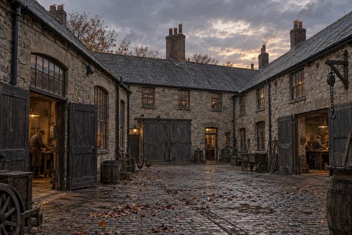 Workshops, c. 1909; AI-generated historical interpretation set in Britain.