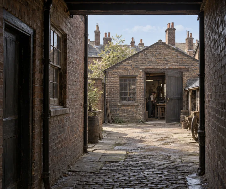 Workshops, c. 1896; AI-generated historical interpretation set in Britain.