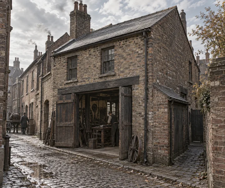 Workshops, c. 1897; AI-generated historical interpretation set in Britain.