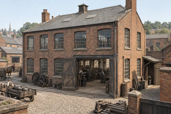 Workshops, c. 1905; AI-generated historical interpretation set in Britain.