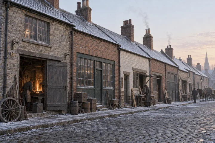 Workshops, c. 1880; AI-generated historical interpretation set in Britain.