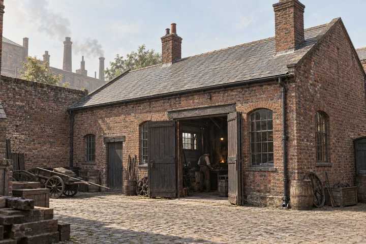 Workshops, c. 1884; AI-generated historical interpretation set in Britain.